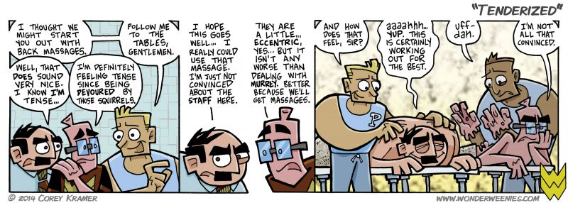 Wonder Weenies :: Poor Frank... I bet he was really looking forward to that massage.  He probably should have guessed that a spine made up of processed meat would not hold up to that kind of adjustment. 