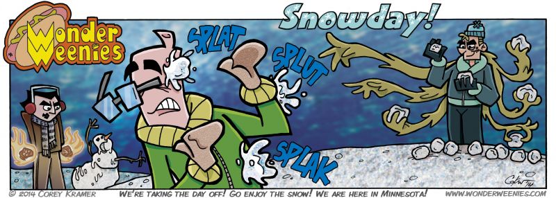 Wonder Weenies :: I felt like drawing some winter fun today... what, with the vicious first snow of the season hitting us here in Minneapolis. This wasn't a nice dusting, either. This was in your face everything is covered in crusty ice now go break your back shoveling BWAHAHAAAA type snow.  See ya Thursday... if I get the draiveway cleared by then that is. 