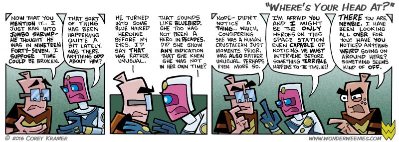 Wonder Weenies :: Hotdog Murrey? Well... that's different. As I conceived this 'time is broken' story angle, I couldn't resist acting on the idea 'what if Murrey got Frank's powers instead' idea... hopefully the two as hotdogs are different enough that you'll keep them straight. Here's a tip... Frank still has glasses. 