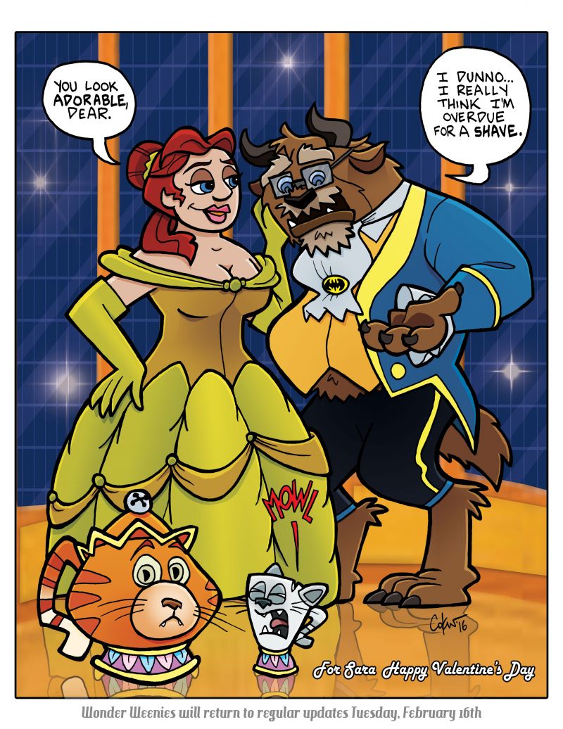 Wonder Weenies :: Last year I drew a Valentine's Day comic parodying 'Gone With the Wind' one of Sara's favorite things in the world... this year I went with another of her favorite things. Of course, me and the kittens are in there as well.