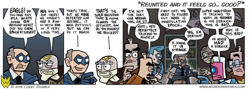 Wonder Weenies :: Wait... the Eagle introduced himself to the Wonder Weenies, didn't he? What's going on here? Storylines that mess with the time stream are so dang confusin'