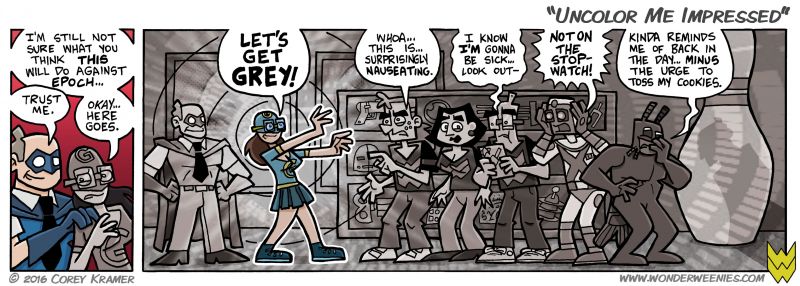 Wonder Weenies :: Figuring out how to best represent Greyscale sucking all the color out of the room was such a time consumer for me... hopefully I pulled it off. The worst part? The original comic's artwork suffers a little bit because I did all the heavy lifting in Photoshop. Still, I like this one. 