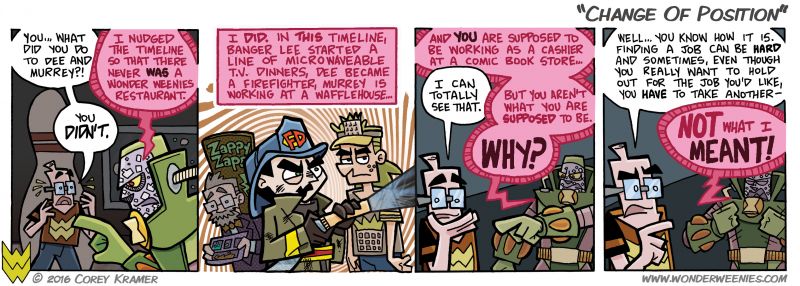 Wonder Weenies :: I hinted at Dee's desire to be a firefighter a long time ago in a throw away line. I thought it would be funny if alternate Murrey worked at Waffle King. And Banger? 'Zappy Zaps' is just a funny name for a line of microwave meals.