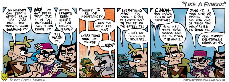 Wonder Weenies :: I haven't decided if Murrey's comment in the last panel is referring to Everything Man's costume or to the awfulness of making fun of the costume reminding him of himself. Then again, it HAS to be the former... Murrey's not that clever.