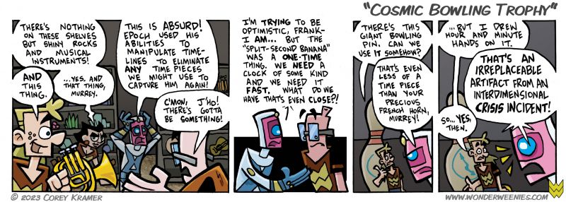 Wonder Weenies :: Superman has a giant key. Batman has a giant penny. The Brigade has a gisnt bowling pin.